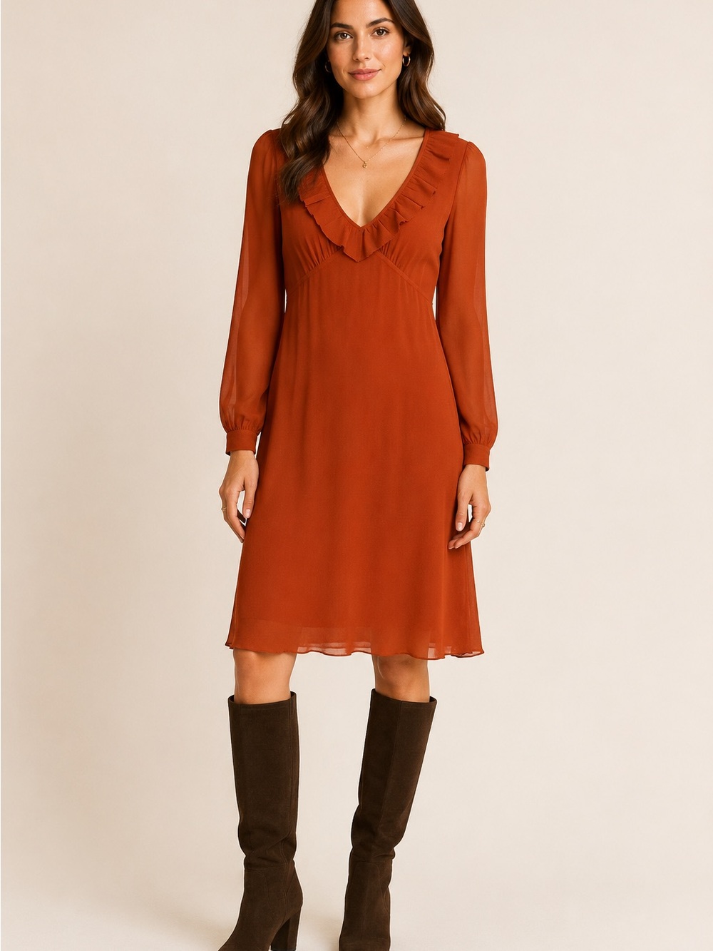 Wilfred Rust Chiffon Ruffle V-Neck Long Sleeve Midi Dress Size S